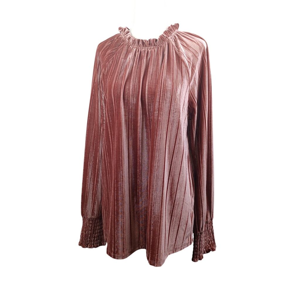 Cable & Gauge Women's Velvet Peasant Top Size L Pink Boho Ruffle Balloon Sleeve